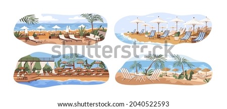 Sea and ocean beaches with umbrellas and deckchairs. Summer landscapes of luxury equipped seaside resorts with sand coast, sunbeds and parasols. Flat vector illustration isolated on white background