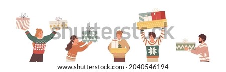 Happy people with Christmas gifts. Set of merry man and woman holding and carrying wrapped New Year present boxes. Giftboxes for winter holidays. Flat vector illustration isolated on white background