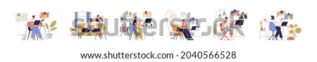 People with computers during online business communication at remote work. Set of man and woman with laptops at virtual video conference calls. Flat vector illustration isolated on white background