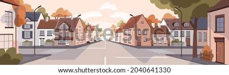 City street at sunset in summer. Town panorama with road, sidewalk, houses in urban residential district. Empty cityscape background with buildings, trees and skyline. Colored flat vector illustration