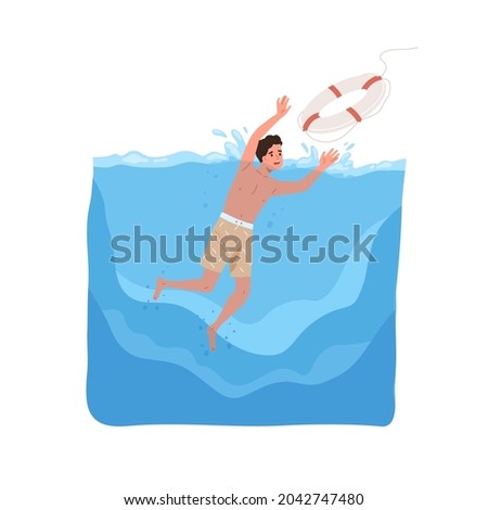 Kid sinking in sea, catching lifebuoy with hands to survive in water accident. Childs life in danger, drowning during summer swimming. Flat vector illustration of swimmer isolated on white background