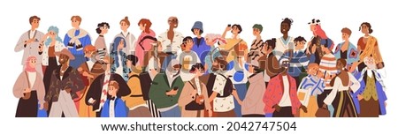 Crowd of diverse casual busy people walking for different businesses and activities. Mixed society of adults and kids in motion. Colored flat graphic vector illustration isolated on white background