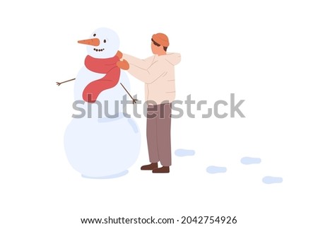 Child making snowman with carrot and twigs, putting scarf on hime. Kid playing outdoors on winter holidays. Boy having fun in wintertime. Flat vector illustration isolated on white background