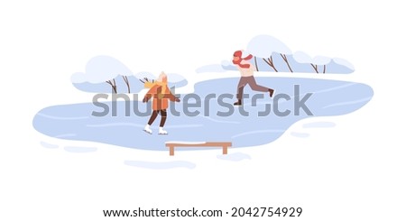 People skating on ice rink outdoors in winter. Children skaters in cold weather with snow. Active kids in snowy park on wintertime holidays. Flat vector illustration isolated on white background