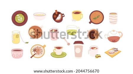 Coffee and tea in cups, mugs, bowls and teapot. Hot healthy drinks and winter warming beverages set. Fresh latte, matcha, cocoa, cappuccino. Flat vector illustration isolated on white background