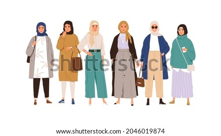 Arab Muslim women in modern apparel and headwear. Group portrait of Arabian females in casual fashion clothing and traditional headscarf, hijab. Flat vector illustration isolated on white background