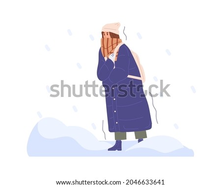 Frozen person walking in cold winter weather with heavy snow and snowflakes. Woman wrapped in scarf freezing and shivering from frost outdoors. Flat vector illustration isolated on white background