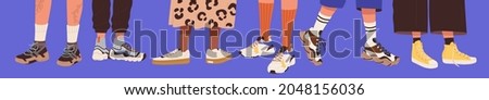 Legs wearing fashion sneakers. Feet in modern sports footwear. Trendy comfortable sportswear for active lifestyle. Stylish male and female models of athletic shoes. Colored flat vector illustration Foto stock © 