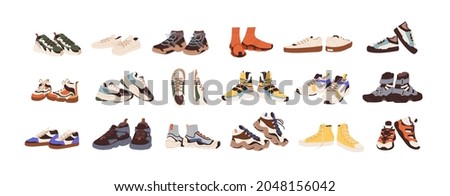 Fashion sneakers collection. Modern sports shoes with different soles and colors. Trendy sportswear for man and woman. Footwear designs. Flat vector illustration isolated on white background 商業照片 © 