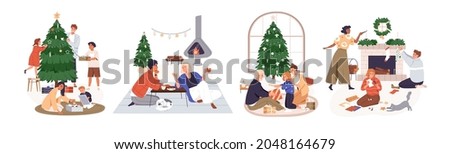 Christmas set with happy families with children at home, preparing Xmas gifts, letters and decorating fir tree. Preparation for winter holidays. Flat vector illustrations isolated on white background