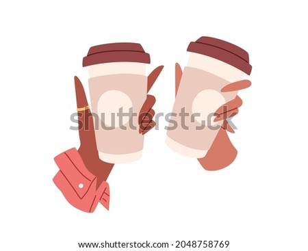 Takeaway coffee cups in women hands. Females holding take-away disposable coffe mugs with plastic lids. Hot cappuccino to go. Flat vector illustration isolated on white background