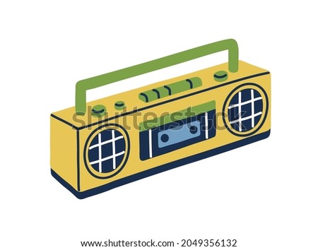 Retro tape recorder in 80s and 90s style. Cassette audio player with loudspeakers and handle. 1980s stereo boombox. Old-school equipment. Flat vector illustration isolated on white background