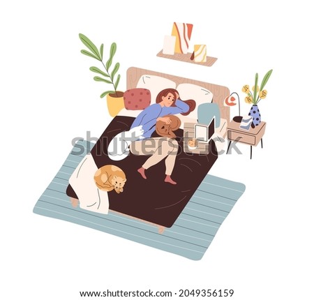 Woman lying on bed with laptop and cats around. Lazy person relaxing in bedroom at home, watching movies at weekend. Leisure time with series. Flat vector illustration isolated on white background