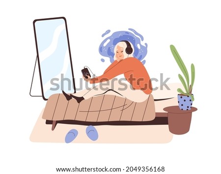 Relaxed person listening to music in headphones. Happy woman enjoying leisure time in bed at home. Female resting in earphones with player. Flat vector illustration isolated on white background