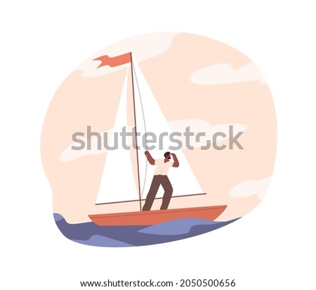 Hope for success in future concept. Bold person travel in sailboat, looking, searching and exploring career directions. Man with aspirations and goals. Flat vector illustration isolated on white