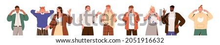 People closing and plugging ears with hands and fingers, ignoring annoying sounds and noise. Sensitive characters avoiding hearing and listening set. Flat graphic vector illustration isolated on white Foto d'archivio © 