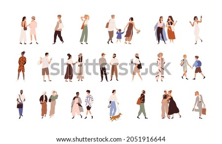 People walking on city street set. Happy couples, friends, families, kids meeting, talking and strolling outdoors. Modern casual citizens life. Flat vector illustration isolated on white background