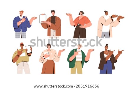 Happy people pointing at smth with fingers, showing and introducing product with hand gesture. Presenters set presenting sth with devices. Flat vector illustrations isolated on white background
