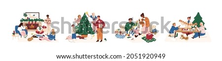 Happy families with kids at winter holiday eve at home. Merry people decorating Xmas tree, wrapping Christmas gifts, making DIY garland together. Flat vector illustrations isolated on white background