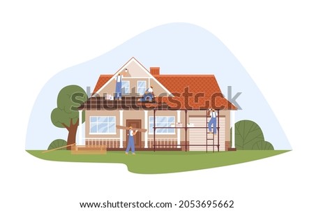 Builders work at house renovation. Workers repairing building facade. People putting roof tiles, painting wall outside home. Restoration process. Flat vector illustration isolated on white background