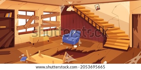 Inside empty abandoned room in desolated house. Destroyed home interior with broken staircase, cracked wall and boarded window. Dirty, dilapidated and damaged indoor. Colored flat vector illustration Photo stock © 
