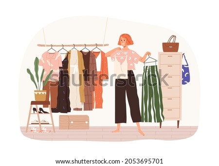 Woman in front of her wardrobe, holding hangers with fashion clothes and choosing outfit at home. Female making choice which apparel to wear. Flat vector illustration isolated on white background
