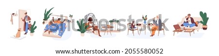 Single people living alone. Happy solo life and modern lonely lifestyle concept. Set of men and women spending time in solitude at home. Colored flat vector illustration isolated on white background