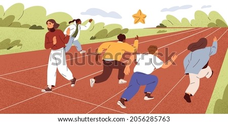 Weak person refusing to compete with other people from start, quitting life competition, surrendering at beginning of her way to success. Concept of giving up career race. Flat vector illustration Foto d'archivio © 