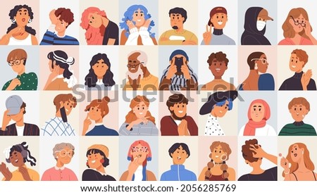 People avatars set. Modern head portraits of diverse men, women, girl and boy faces with expressive emotions, different facial expressions, moods and characters. Colored flat vector illustrations