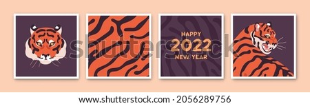 Square cards set for Chinese 2022 New Year. Oriental postcard designs with Asian Bengal tiger of eastern zodiac and striped pattern. Colored flat vector illustrations with wild horoscope animals