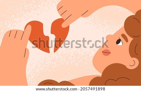 Woman with broken heart. Divorce, heartbreak and love relationships break up concept. Symbol of breakup and separation with valentine, split torn parts. Flat vector illustration of heartbroken person.