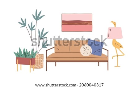 Home interior design with sofa, cushions, wall picture, potted house plants and floor lamp in retro style. Living room with couch and decor. Flat vector illustration isolated on white background