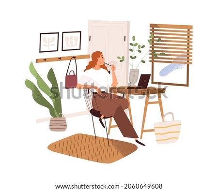 Woman work with laptop computer at desk, looking through window and thinking. Creative person sitting at table in home office. Remote workplace. Flat vector illustration isolated on white background