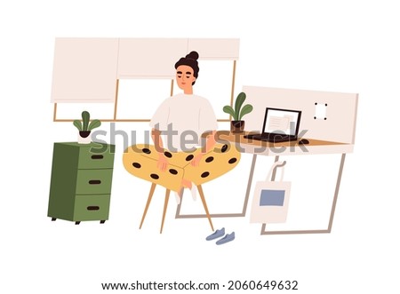 Person doing yoga exercises during work break. Meditation of happy office worker on chair at workplace. Employee meditating in lotus pose at desk. Flat vector illustration isolated on white background