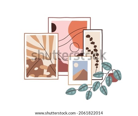 Framed pictures and potted plant for interior design, home gallery. Abstract paintings and houseplant, decor composition. Modern decoration. Flat vector illustration isolated on white background