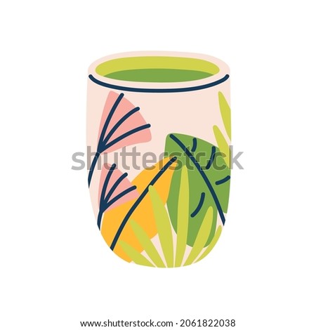 Modern tea mug with floral pattern. Ceramic coffee cup. Cute beaker with leaves and flowers. Drink crockery with matcha. Trendy teacup with leaf. Flat vector illustration isolated on white background