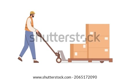Warehouse worker transporting carton boxes of parcels on pallet jack. Man carrying packages on manual trolley with handle. Work at stockroom. Flat vector illustration isolated on white background