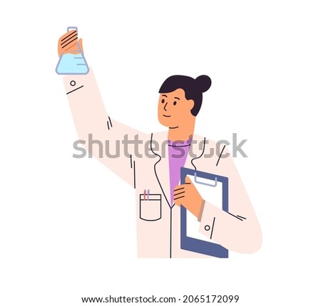 Doctor holding glass flask for lab research. Woman scientist studying chemistry. Medical science discoveries concept. Chemist work in laboratory. Flat vector illustration isolated on white background
