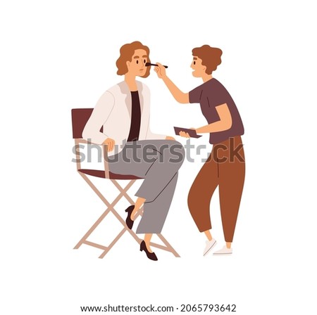 Makeup artist preparing face skin of actress with brush before shooting. Work of make-up master applying powder during preparation for filming. Flat vector illustration isolated on white background