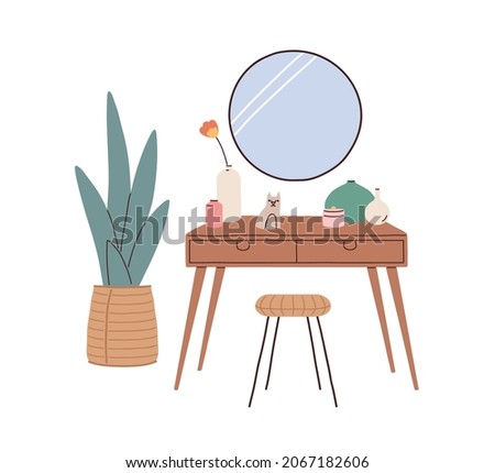 Dressing table, mirror and chair. Home furniture, makeup desk with drawers, perfume bottles and toiletries, plant for minimal interior design. Flat vector illustration isolated on white background