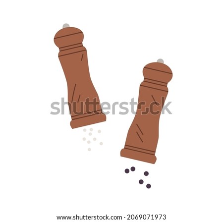 Salt shaker and black pepper mill with sprinkling seasonings. Wood bottles and grinders for condiments. Spices in saltshaker and peppermill. Flat vector illustration isolated on white background