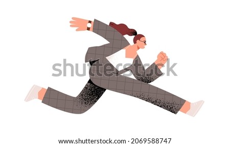 Business person hurrying and running forward at high speed to achieve aims and succeed in career ambitions. Fast lifestyle concept. Woman rushing. Flat vector illustration isolated on white background