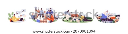 Property search concept. People and real estate agents choosing, finding and inspecting realty, houses and apartments for buying and renting. Flat vector illustrations isolated on white background Stockfoto © 