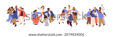 Team of business people celebrate success in work collaboration together, giving high five with joy. Unity and support between colleagues concept. Flat vector illustration isolated on white background Foto stock © 