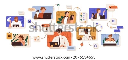 Team communication and project management concept. Cooperation, interaction of employees at work. Workflow and job organization in modern company. Flat vector illustration isolated on white background