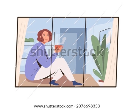 Woman looking at rain outside window. Person sitting with coffee cup on windowsill on rainy weather. Pensive female with tea mug resting at home. Flat vector illustration isolated on white background