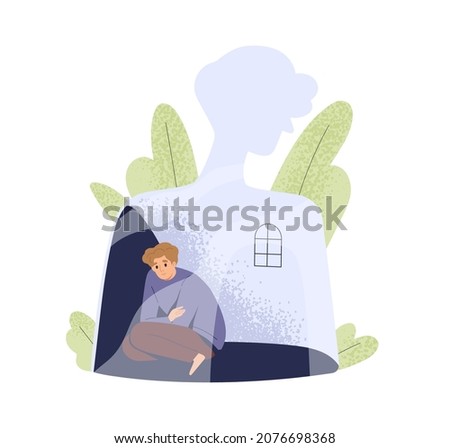 Depression and loneliness concept. Sad person trapped by his fears, complexes and mental problems. Unhappy depressed man in grief and despair. Flat vector illustration isolated on white background Foto stock © 