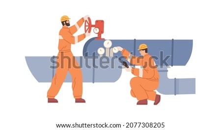 Workers control work of pipeline, open valve, inspect measuring tools and equipment. Inspection and maintenance of water tubes, pipes and conduit. Flat vector illustration isolated on white background