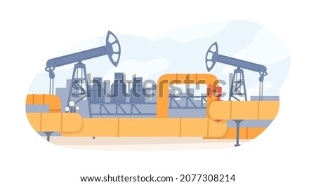 Gas and oil pipeline. Petrochemical plant with pipes, barrels, valves, petroleum tanks and drilling rigs. Heavy industry equipment. Flat vector illustration of refinery isolated on white background