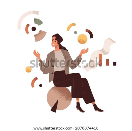Person work with abstract business system, organizing data, analyzing statistics. Creative woman arranging modern geometric shapes. Analytics and organization concept. Colored flat vector illustration